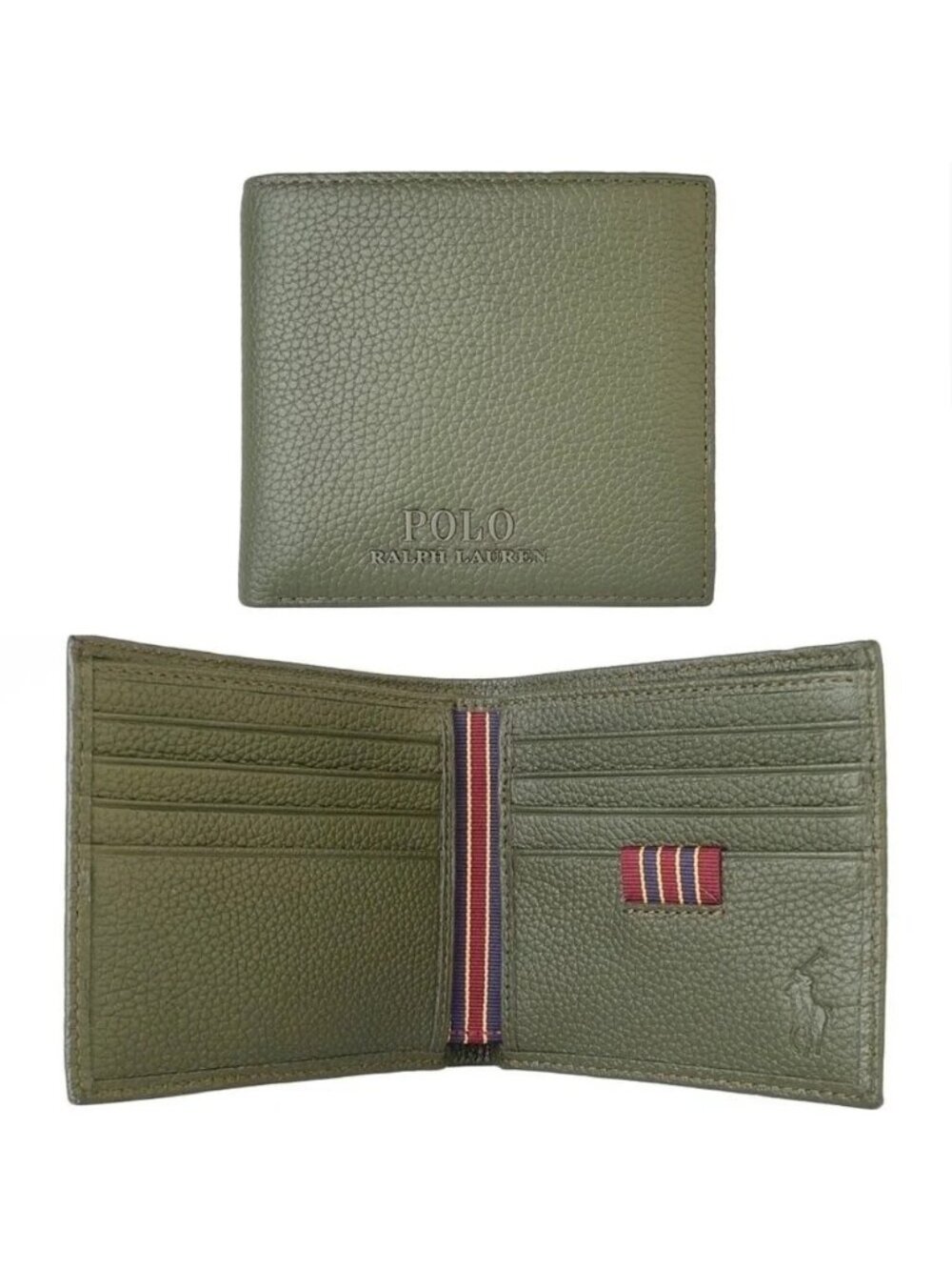 NIB Polo Ralph Lauren Pebbled Leather Billfold with striped grosgrain accents